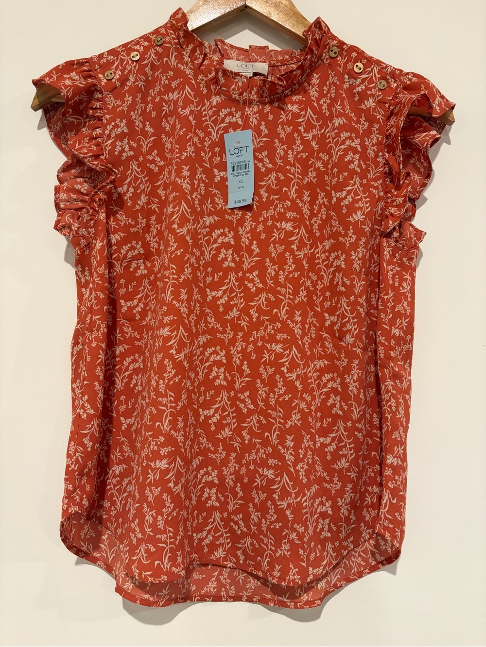 NWT LOFT Size XSP Rust Floral Ruffle Sleeve Shoulder Button Mock Neck Blouse